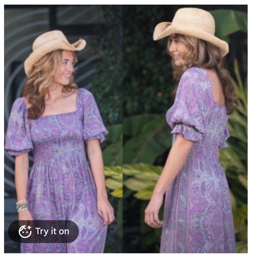 Perry Walker Paisley Print Silk Smocked Midi Dress Sz S Puff Sleeve Boho Prairie